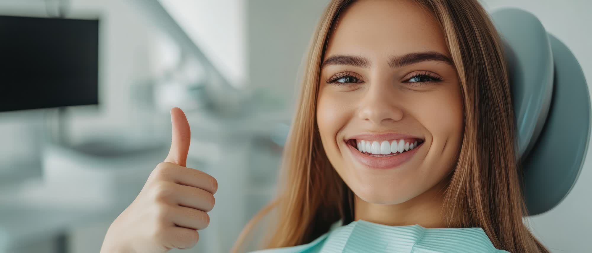 The image features a young woman giving a thumbs-up gesture while sitting in a dental chair, wearing a blue shirt, with a bright smile and teeth.