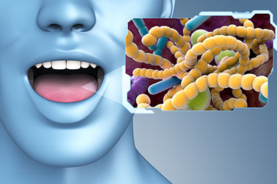 An illustration depicts a human mouth with microscopic bacteria on its surface, suggesting a theme related to oral health or hygiene.