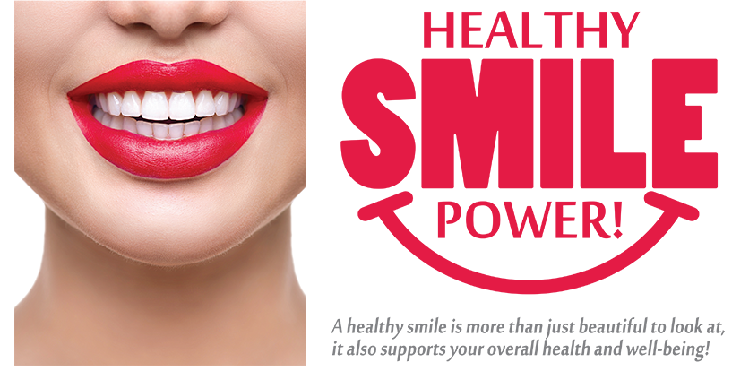 The image shows a graphic design with a woman s face featuring red lipstick, overlaid with text that reads  HEALTHY SMILE POWER  and  SMILES MAKE YOU HAPPY,  along with a website address.