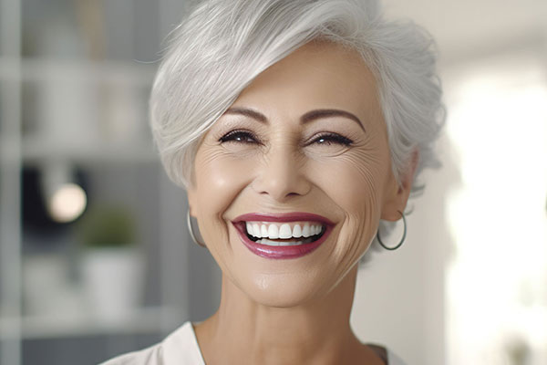The image shows a woman with short hair smiling broadly at the camera. She appears to be indoors, possibly in a home setting, with a neutral-colored background that suggests a modern interior.