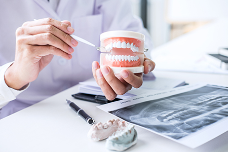 The image shows two photographs side by side  on the left, a person wearing medical scrubs examines a dental model with a magnifying glass  on the right, a hand holds a toothbrush over a model of a mouth, surrounded by dental tools and materials.